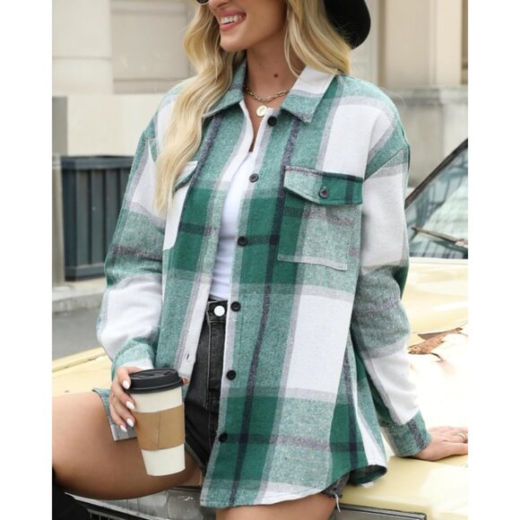 Womens Flannel Shacket Plaid Button Down Long Sleeve Fall Coat Casual Outfit - Picture 3 of 5
